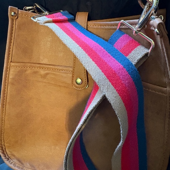 Brown Crossbody Bag with Striped Adjustable Strap - Picture 7 of 10